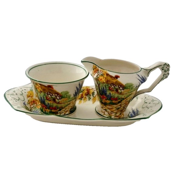 VITG 1950s~JAMES KENT ENGLAND~”Sunnyside” Porcelain Creamer & Open Sugar w/ Tray - Picture 3 of 5